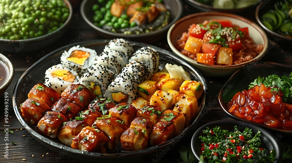 A dynamic fusion cuisine collage featuring a mix of Mediterranean and Asian dishes, such as falafel sushi rolls and teriyaki hummus bowls, all elegantly arranged on eclectic, colorful plates, A dynamic fusion cuisine collage featuring a mix of Mediterranean and Asian dishes, such as falafel sushi rolls and teriyaki hummus bowls, all elegantly arranged on eclectic, colorful plates,