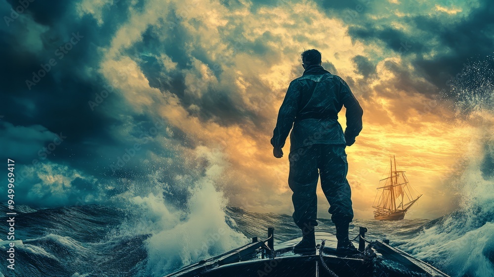 Courageous captain stands on his ship, gazing at a sinking vessel in the distance amidst a raging sea storm Courageous captain stands on his ship, gazing at a sinking vessel in the distance amidst a raging sea storm