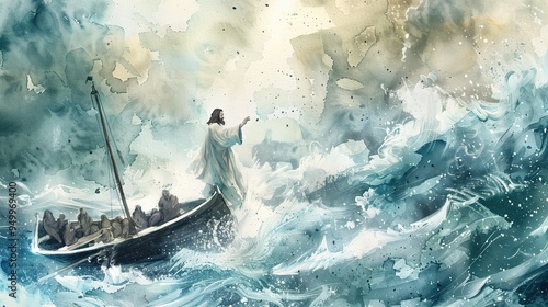 Watercolor painting of Biblical scene depicting Jesus calming a stormy sea with a boat full of disciples