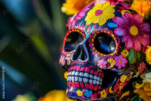 Artistic Close-Up of a Colorful Day of the Dead Sugar Skull