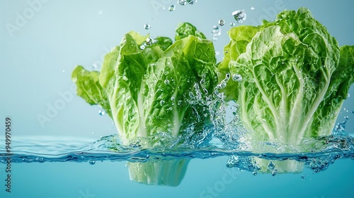 Fresh organic Lettuces dropping into water, Water Splash, showcasing vibrant colors and textures on a solidcolored background photo