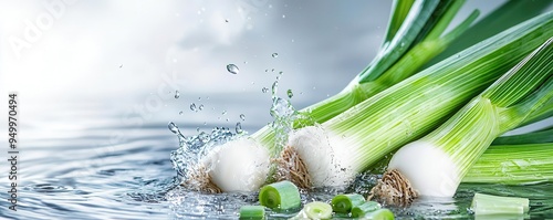 Fresh organic Leeks dropping into water, Water Splash, showcasing vibrant colors and textures on a solidcolored background photo