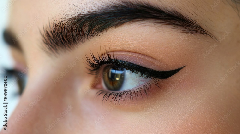 A close-up of a woman eyes with expertly applied mascara and eyeliner, showcasing the detail and precision of her eye makeup, against a clean, white background for clear focus. A close-up of a woman eyes with expertly applied mascara and eyeliner, showcasing the detail and precision of her eye makeup, against a clean, white background for clear focus.