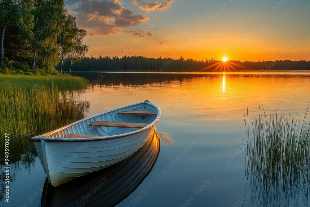 A Small Rowboat Anchored in a Still Lake at Sunset A Small Rowboat Anchored in a Still Lake at Sunset