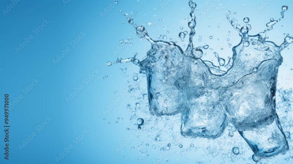 Ice cubes falling into water on blue background. Neural network ai generated art Ice cubes falling into water on blue background. Neural network ai generated art