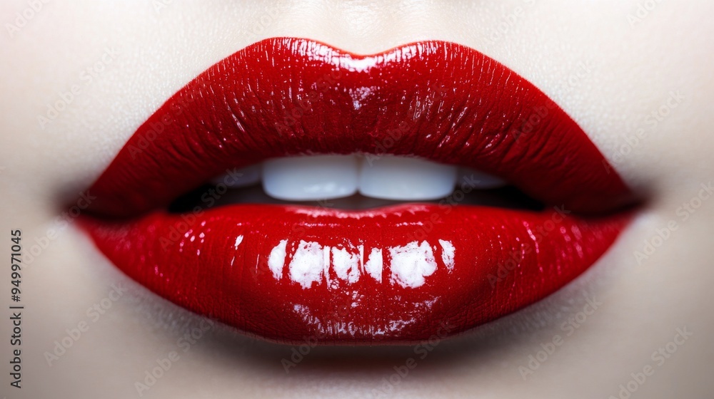 Obraz premium A close-up of a woman lips with a bold, red lipstick, emphasizing the color and gloss, against a clean white background for a striking beauty shot.