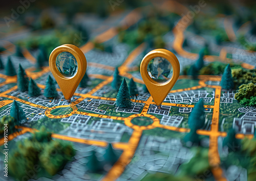  An illustrated city map adorned with map markers, representing key destinations and attractions throughout the metropolitan area.