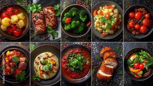 Wallpaper Mural A luxurious collage of gourmet dishes plated on fine china, with a variety of textures and colors, including vibrant sauces, delicate garnishes, and artfully arranged ingredients, Torontodigital.ca