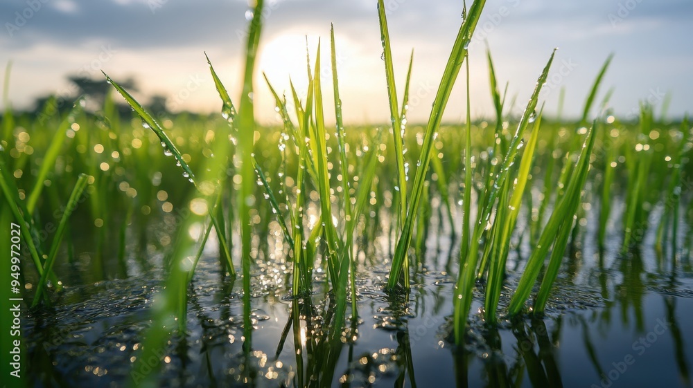 Fototapeta premium Vibrant green rice stalks in a flooded field, close-up view with dew and morning sunlight reflecting off the water and sky. Harvesting
