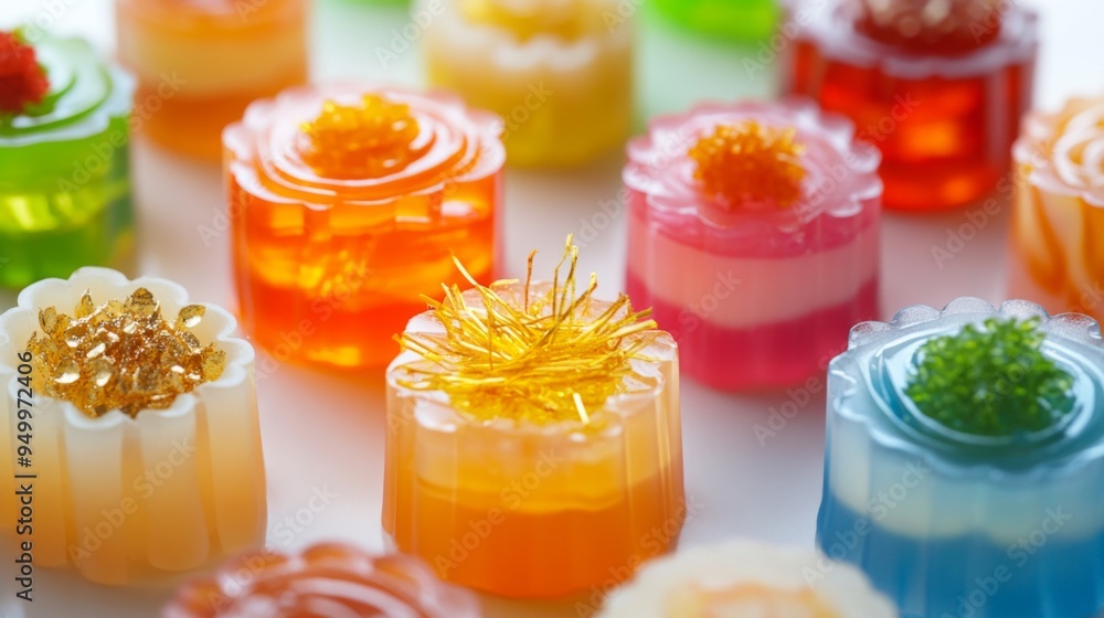 A close-up of colorful Thai desserts such as Khanom Chan (layered jelly) and Foi Thong (golden threads) placed on a white surface, highlighting the intricate details and artistry of these treats. A close-up of colorful Thai desserts such as Khanom Chan (layered jelly) and Foi Thong (golden threads) placed on a white surface, highlighting the intricate details and artistry of these treats.
