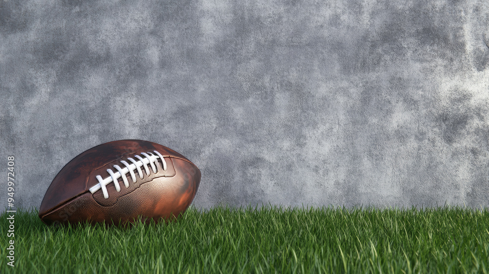 An American football sits on green grass in front of a gray wall. An American football sits on green grass in front of a gray wall.