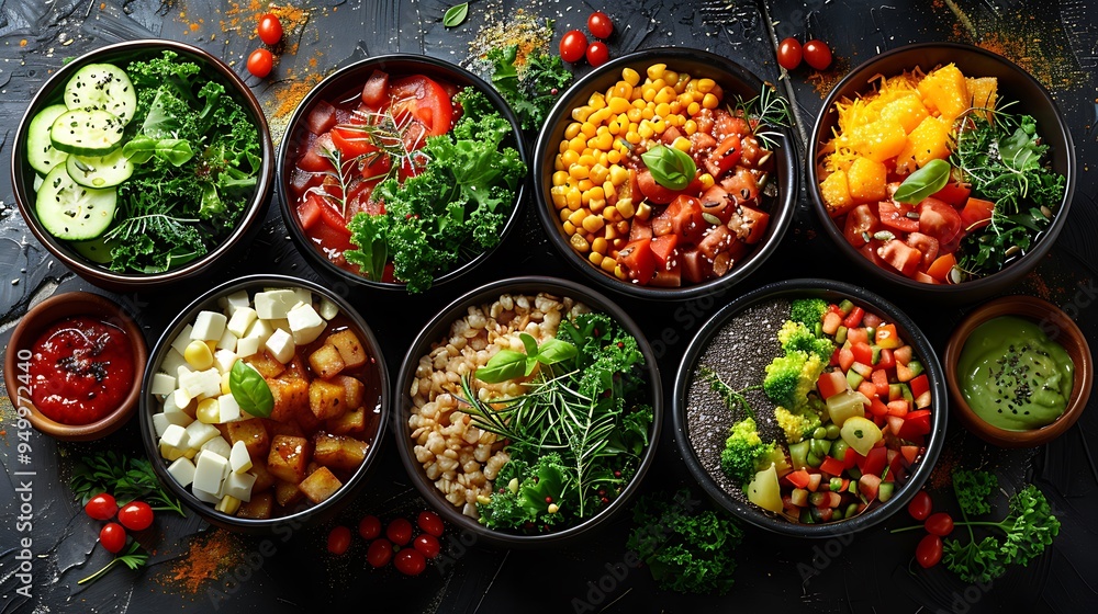 A nutritious collage of healthy bowls including smoothie bowls, kale salad bowls, and grain bowls, each artfully arranged with fresh, colorful ingredients, set against a rustic table with soft, A nutritious collage of healthy bowls including smoothie bowls, kale salad bowls, and grain bowls, each artfully arranged with fresh, colorful ingredients, set against a rustic table with soft,