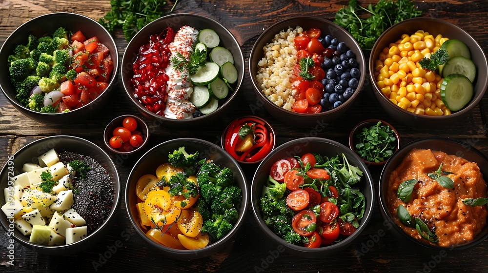A nutritious collage of healthy bowls including smoothie bowls, mixed salad bowls, and grain bowls, each packed with fresh fruits, vegetables, and grains,