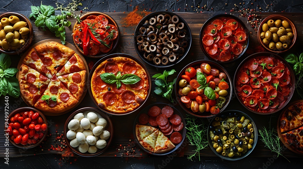 A pizza party collage showcasing an array of pizzas with diverse toppings like pepperoni, olives, and fresh herbs, each beautifully displayed on rustic wooden boards and ceramic plates, with a warm, A pizza party collage showcasing an array of pizzas with diverse toppings like pepperoni, olives, and fresh herbs, each beautifully displayed on rustic wooden boards and ceramic plates, with a warm,