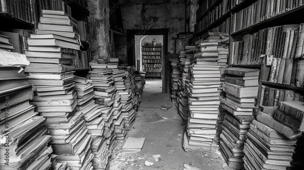 Obraz premium Elegant Grayscale Library: Forgotten Books, Dusty Shelves, and the Timeless Charm of Old Volumes