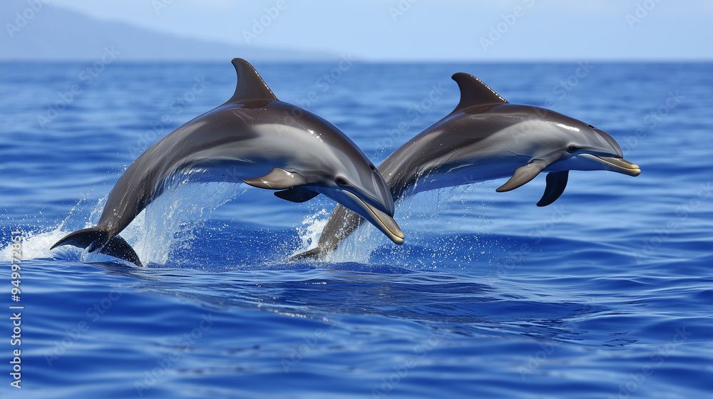 Fototapeta premium Two dolphins are leaping out of the water