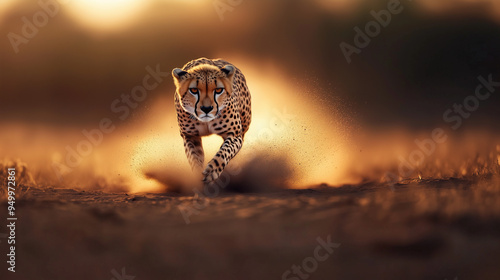 A cheetah is running through the desert, kicking up dust as it goes
