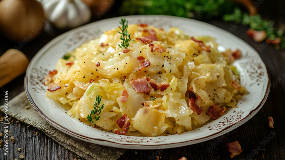 Fried cabbage with bacon and thyme arranged on a plate as part of a rustic wooden table setting Fried cabbage with bacon and thyme arranged on a plate as part of a rustic wooden table setting