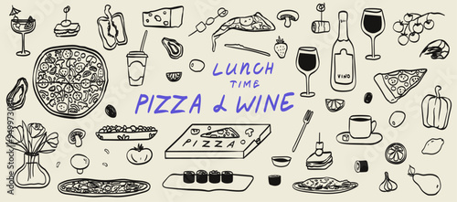 Hand drawn crayon food illustration. Sketch style lunch or dinner icons. Vector of wine, pizza, seafood and sushi Illustrations for invitations, menus and parties. La dolce vita italian style.