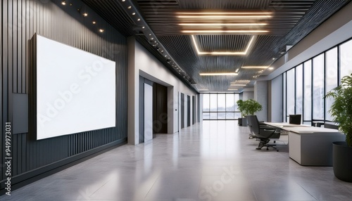 3D rendering of a modern office hallway with an empty white poster mockup, concrete textures, and metal textures.