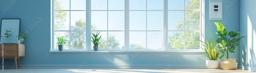 Fototapeta premium Energy-efficient home with double-glazed windows, smart thermostat, and LED lighting, Energy-efficient home improvements, Sustainable solutions
