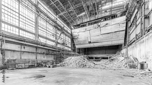 Elegant Grayscale Abandoned Factory: Echoes of Economic Recession, Industrial Ruins, and Silent History photo