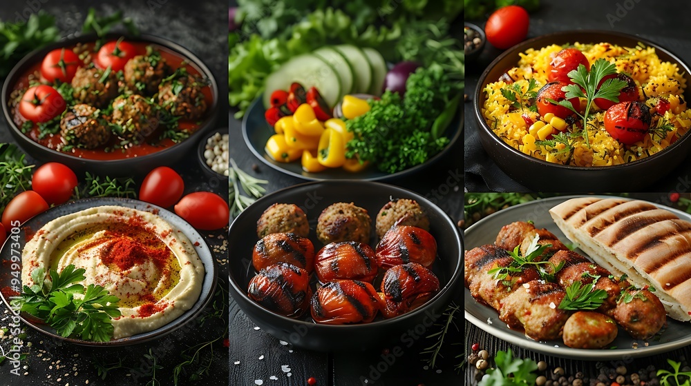 A rustic collage of Mediterranean dishes showcasing hummus, falafel, pita, and grilled vegetables, each plated on colorful, intricate dishes, A rustic collage of Mediterranean dishes showcasing hummus, falafel, pita, and grilled vegetables, each plated on colorful, intricate dishes,