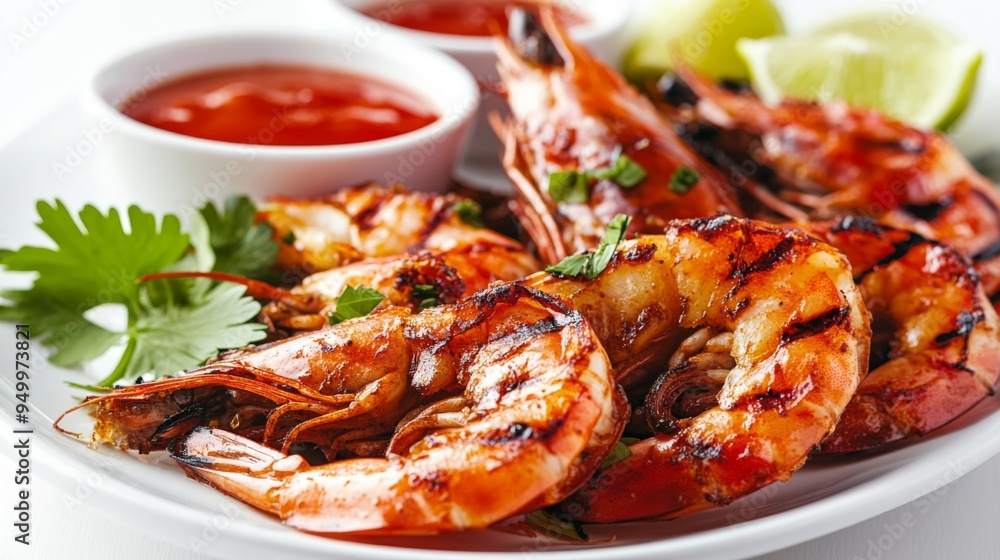 A close-up of juicy, succulent grilled prawns with a smoky glaze, served on a platter with dipping sauces and lime wedges, against a clean white backdrop. A close-up of juicy, succulent grilled prawns with a smoky glaze, served on a platter with dipping sauces and lime wedges, against a clean white backdrop.