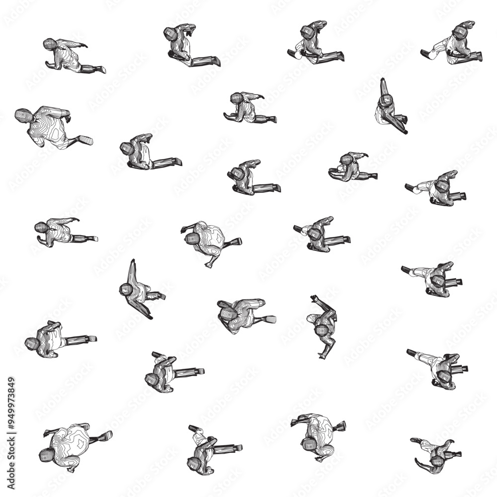 Fototapeta premium Outline of running people from black lines isolated on white background. Men, women and children running. Top view. Vector illustration.