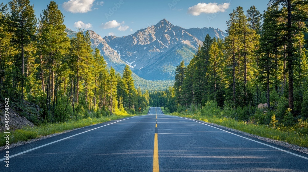 Fototapeta premium Tranquil Road Through Pine Forest with Majestic Mountain View - Nature's Grandeur
