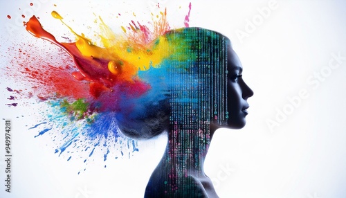 A colorful splash of paint on a white background forms the silhouette of a head with a digital code symbolizing a stock concept photo