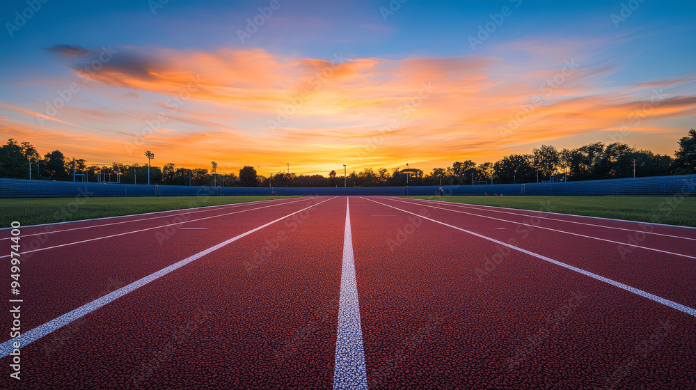 An empty running track under a sunset sky, providing a serene sports background. An empty running track under a sunset sky, providing a serene sports background.