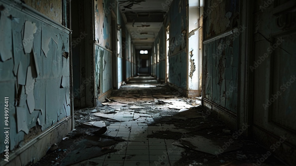 A long, abandoned hallway with peeling paint, cracked tiles and dust on the floor. Light streams in from the open doors at the end of the hall. A long, abandoned hallway with peeling paint, cracked tiles and dust on the floor. Light streams in from the open doors at the end of the hall.
