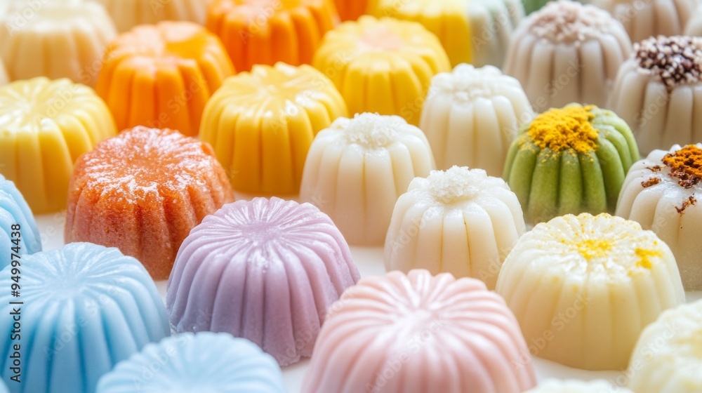 A close-up of traditional Thai sweet treats like Thai steamed buns and sticky rice cakes, with the focus on their textures and colors, set against a pristine white background. A close-up of traditional Thai sweet treats like Thai steamed buns and sticky rice cakes, with the focus on their textures and colors, set against a pristine white background.