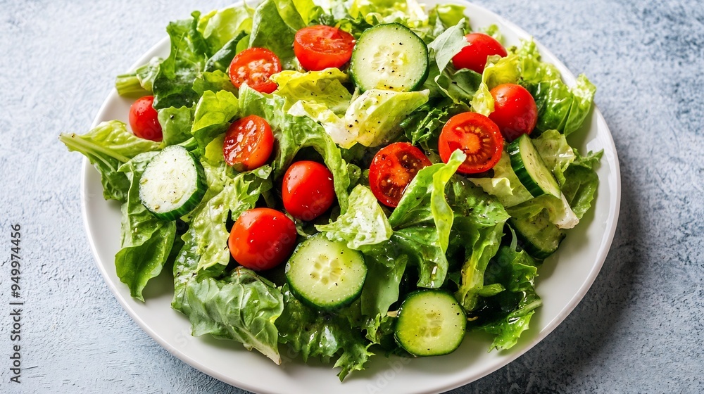 Overhead shot of fresh garden salad with mixed greens cherry tomatoes cucumber and a light vinaigrette served on a white plate Overhead shot of fresh garden salad with mixed greens cherry tomatoes cucumber and a light vinaigrette served on a white plate