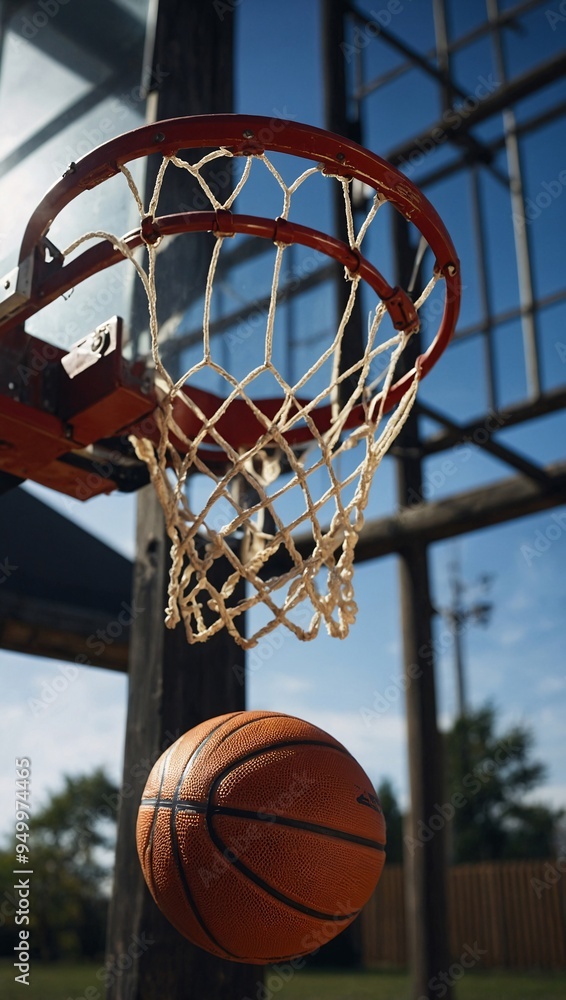 Basketball hoop with a ball in a perfect shot, representing sports and action. Basketball hoop with a ball in a perfect shot, representing sports and action.