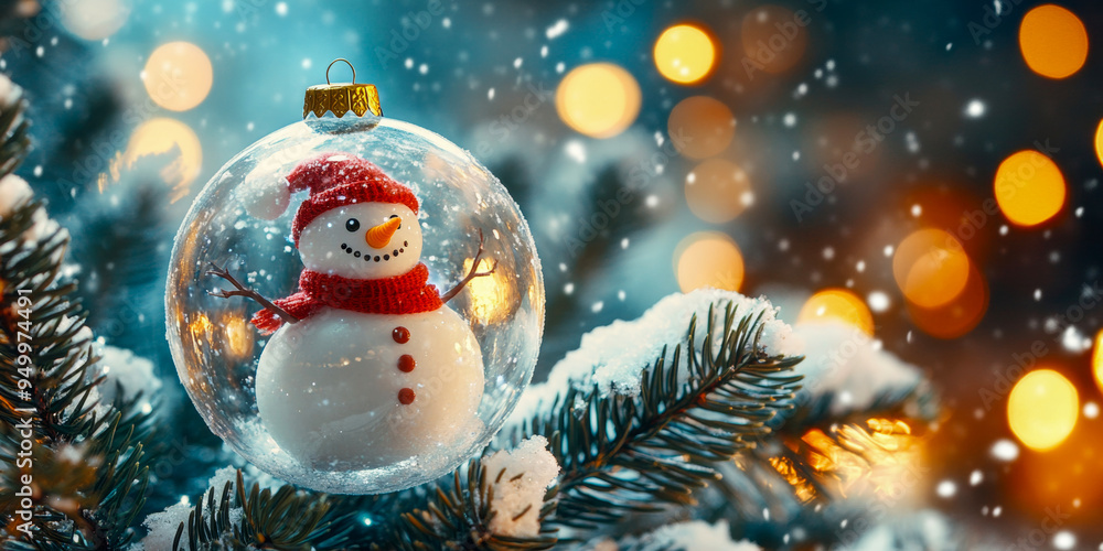 Obraz premium Festive Christmas tree ornament featuring a cheerful snowman inside a glass bauble with a snowy pine tree backdrop, glowing warmly against a blurred, illuminated background.