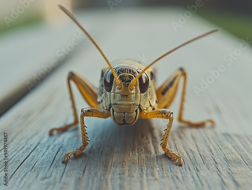 Grasshopper isolated on wooden background photo