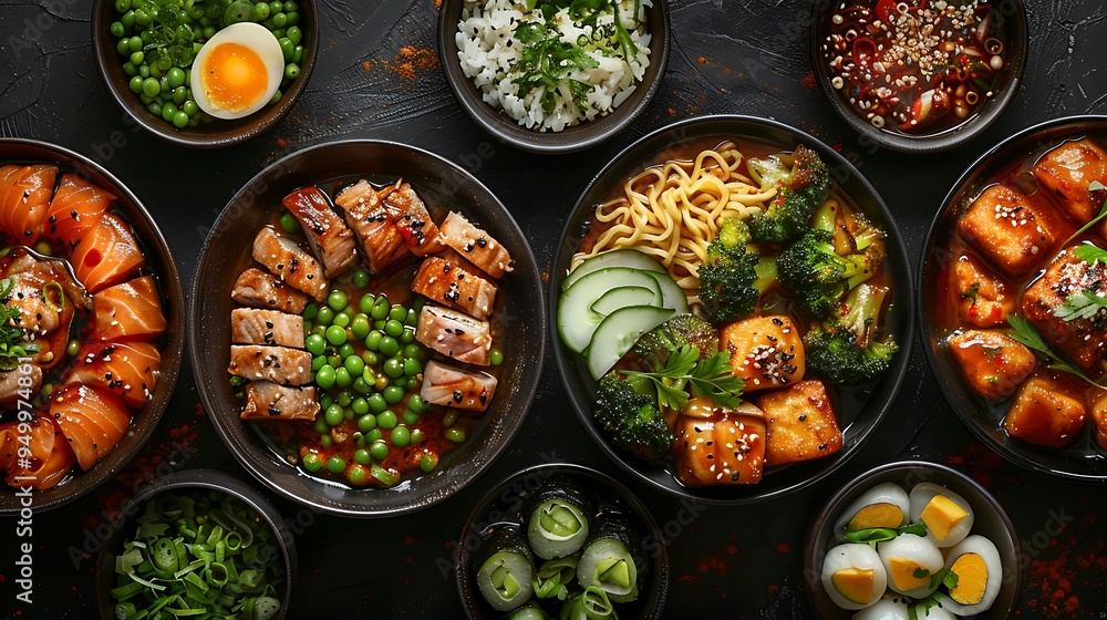 A sophisticated Asian fusion collage showcasing sushi, stir-fry, dumplings, and ramen, each elegantly plated on sleek, minimalist dishes, A sophisticated Asian fusion collage showcasing sushi, stir-fry, dumplings, and ramen, each elegantly plated on sleek, minimalist dishes,