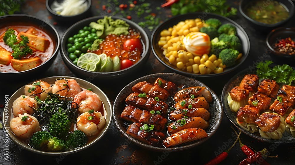 A sophisticated Asian fusion collage showcasing sushi, stir-fry, dumplings, and ramen, each elegantly plated on sleek, minimalist dishes, A sophisticated Asian fusion collage showcasing sushi, stir-fry, dumplings, and ramen, each elegantly plated on sleek, minimalist dishes,