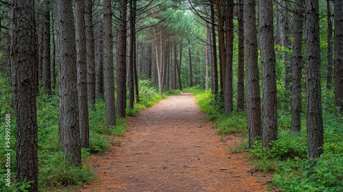 Tranquil Stroll: Serene Pathway through Enchanting Pine Forest Park