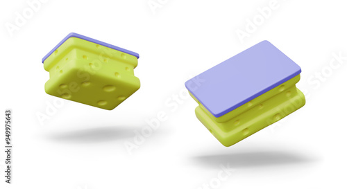 Porous kitchen sponge in different positions. Modern accessory for washing and wiping off dirt