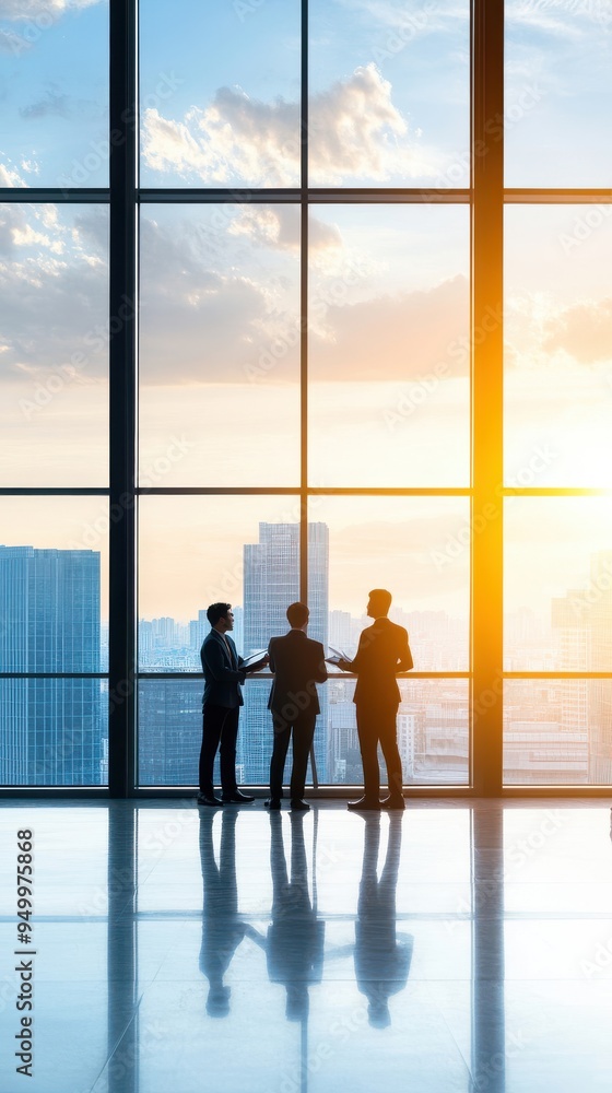 A business meeting in a modern office, with a diverse team of professionals reviewing documents and discussing project details, large windows offering a view of the cityscape A business meeting in a modern office, with a diverse team of professionals reviewing documents and discussing project details, large windows offering a view of the cityscape