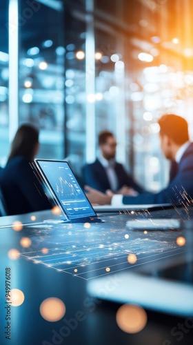 A business meeting in a sleek corporate boardroom, with diverse executives discussing strategy and using digital tools like tablets and interactive screens