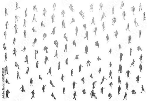 Set with people polygonal in different positions isolated on white background. Men, women and children walking, running, standing, sitting. Isometric view. Vector illustration. 3D
