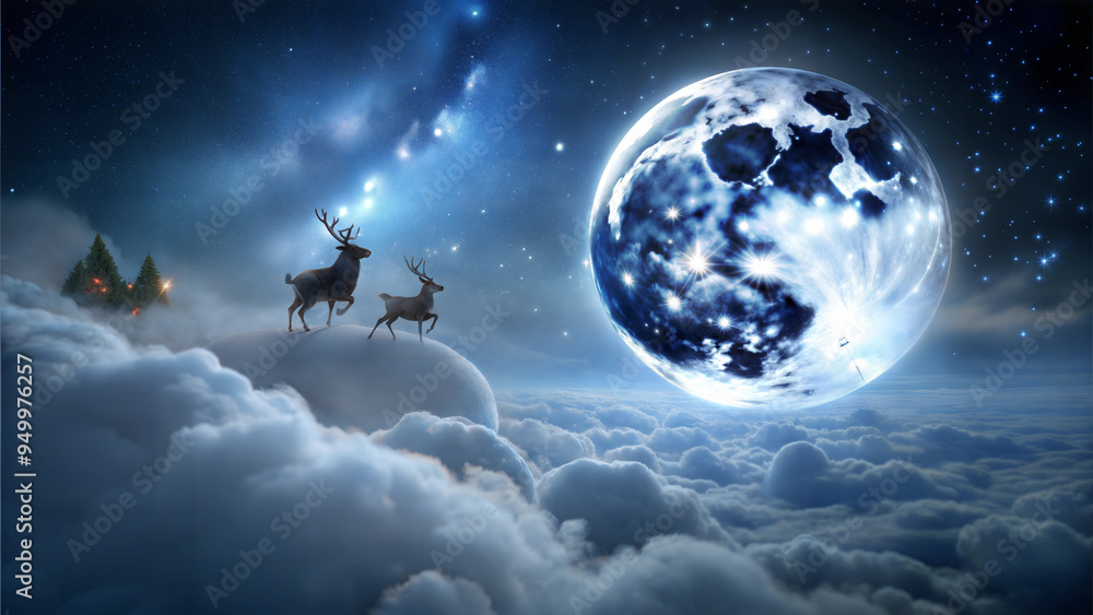 Naklejka premium Magical winter scene with dreamy mood featuring deer on clouds under large moon
