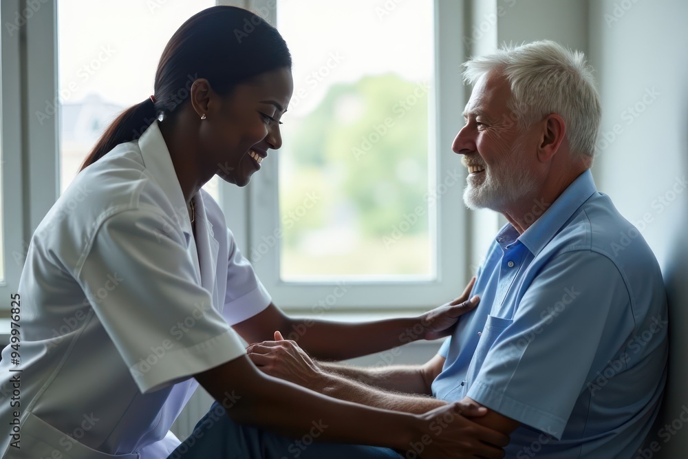 Black Doctor helps and advises the patient in the clinic. Concept of physiotherapy and a healthy lifestyle. Generative AI Black Doctor helps and advises the patient in the clinic. Concept of physiotherapy and a healthy lifestyle. Generative AI