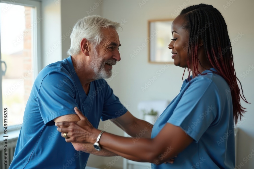 Obraz premium Black Doctor helps and advises the patient in the clinic. Concept of physiotherapy and a healthy lifestyle. Generative AI