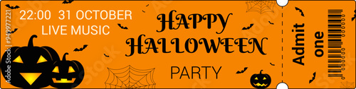Halloween. Halloween party ticket template. Samhain. All Hallows' Eve. Black and orange colors. Pumpkins with faces.