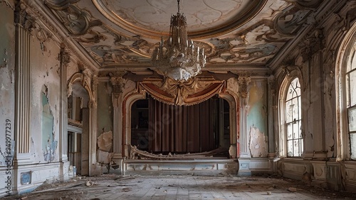 An abandoned theater stage with a chandelier hanging from the ceiling. The walls are decorated with ornate plasterwork and the stage is partially covered with a red curtain. 